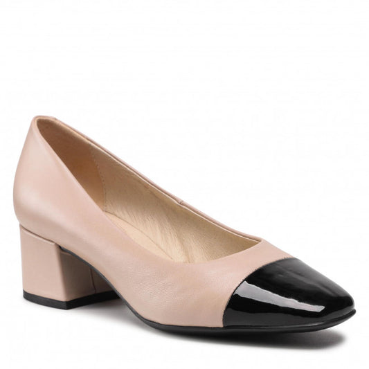 Caprice Beige Leather Court Shoe with a Black Patent Toe and Chunky Heel. Only sizes 6.5 and 8 left.
