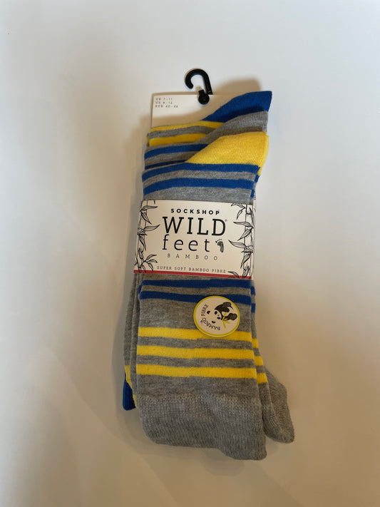 Men's Wild Feet Socks size 7-11 3 Pack Grey/Blue with Stripes