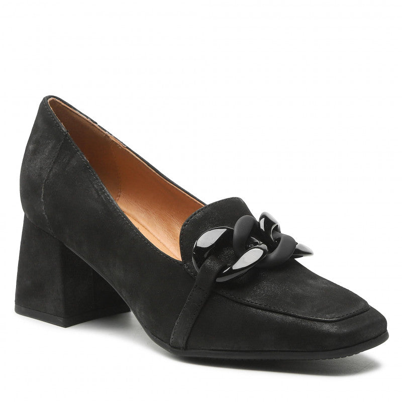 Caprice Black Leather Pearl Suede Heel Loafer