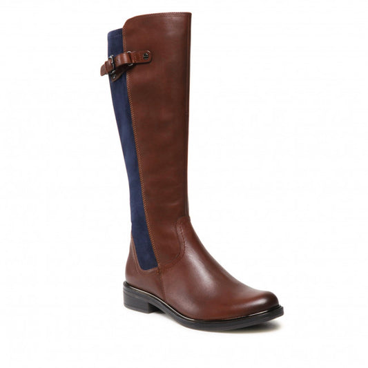 Caprice Cognac Leather and Navy Suede Buckle Long Boot