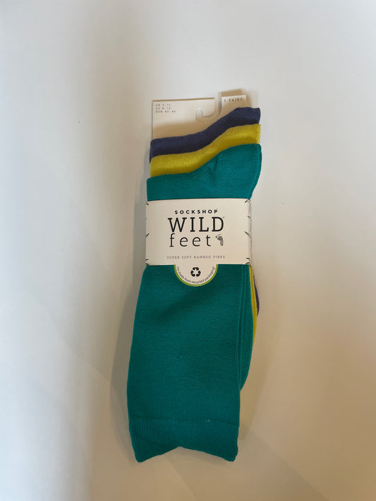 Men's Wild Feet Socks size 7-11 3 Pack Plain Teal/Yellow/Denim