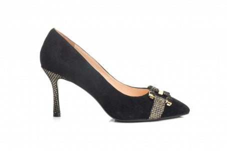 Capollini Rhea Black Suede pointed court shoe with gold shimmer. Only size 5 left.