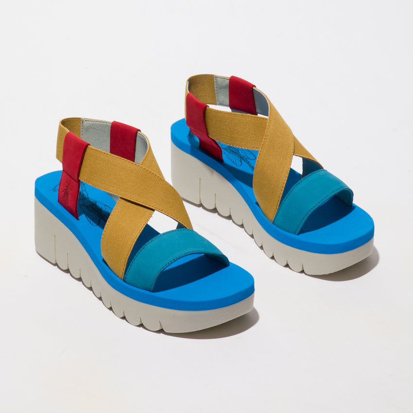 Fly London YAB1922 Cupido Red/Yellow/Azure Wedge sandal. Only size 8 left