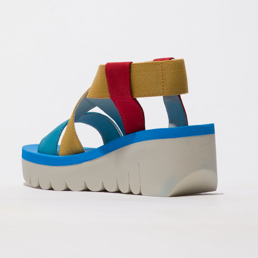 Fly London YAB1922 Cupido Red/Yellow/Azure Wedge sandal. Only size 8 left