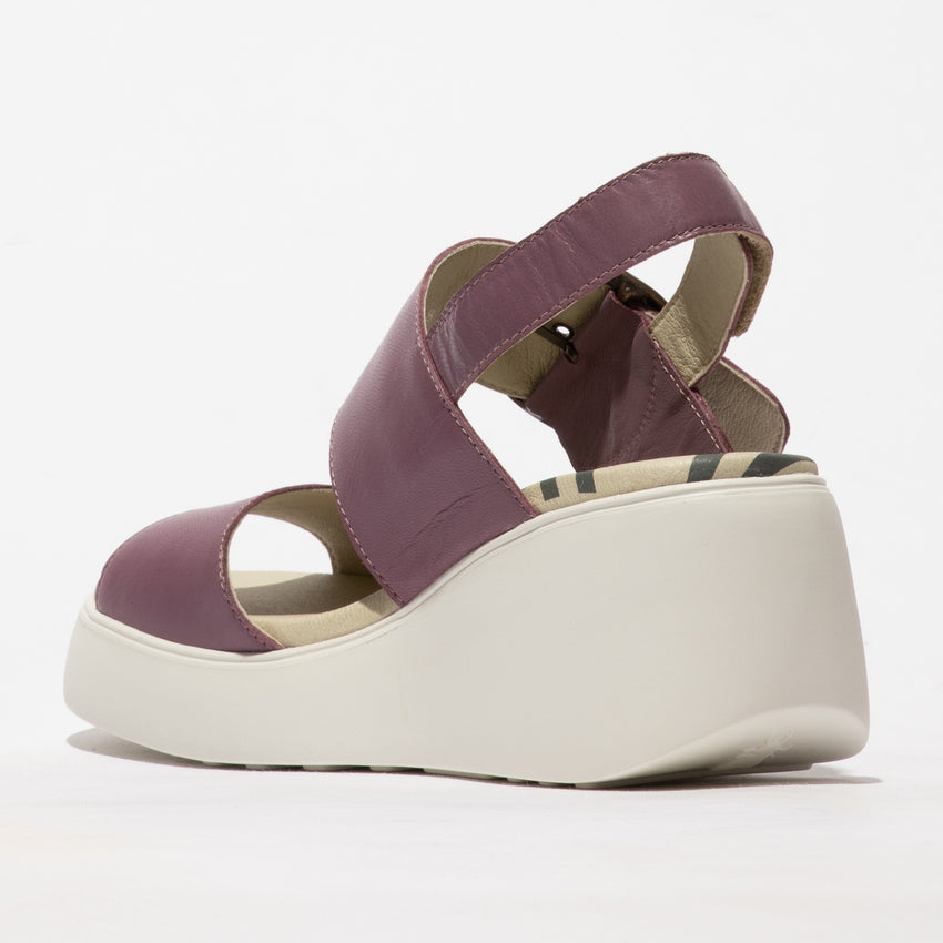 Fly London Digo939 Ceralin Violet Leather Wedge Sandal with Buckle and Velcro Fastening.