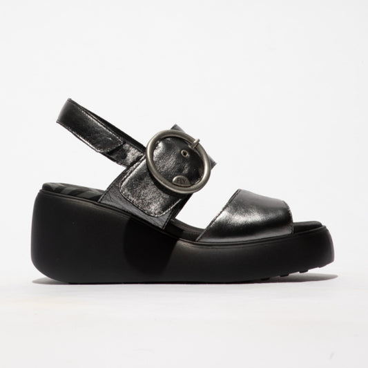 Fly London Digo939 Idra Graphite Leather Wedge Sandal with Buckle and Velcro Fastner only size  6 left.