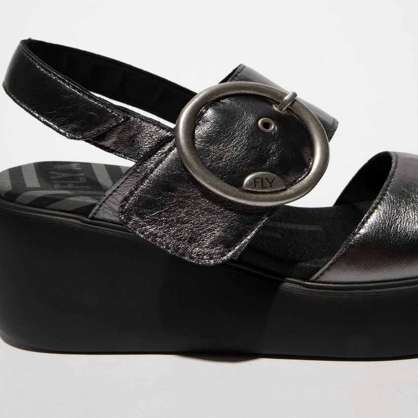 Fly London Digo939 Idra Graphite Leather Wedge Sandal with Buckle and Velcro Fastening. Only sizes 4,5 and 6 left.