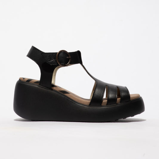 Fly London Duma955 Ceralin Black Leather Wedge Sandal with Buckle. Only sizes 5 and 6 left.