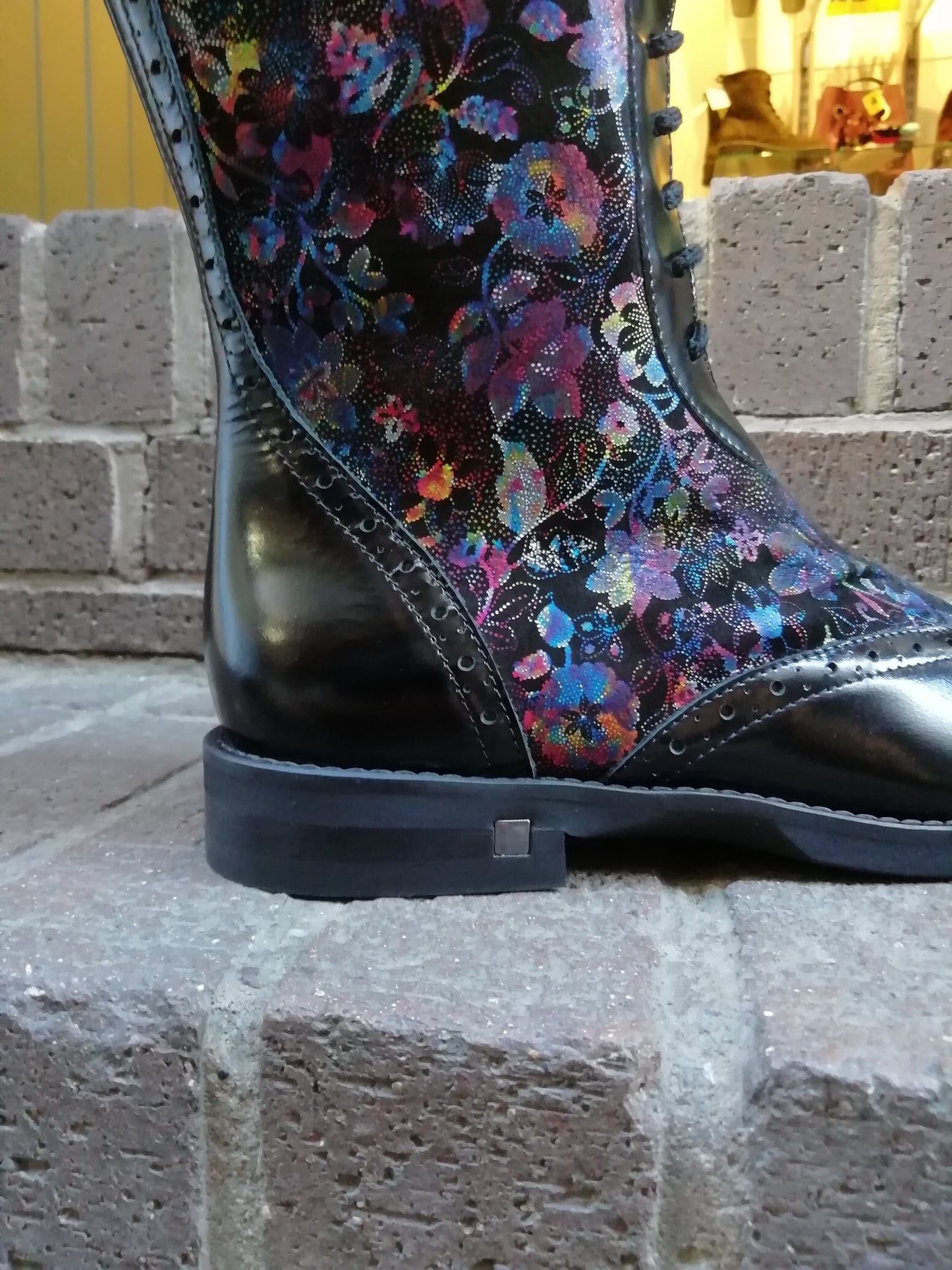 Embassy London Mantis Black and Flower Print Lace Front Side Zip Leather Boot