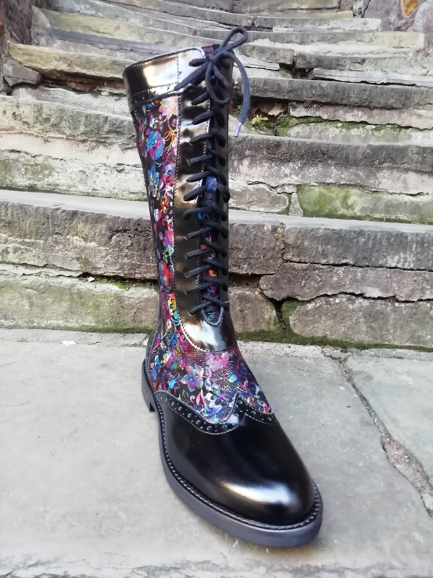 Embassy London Mantis Black and Flower Print Lace Front Side Zip Leather Boot