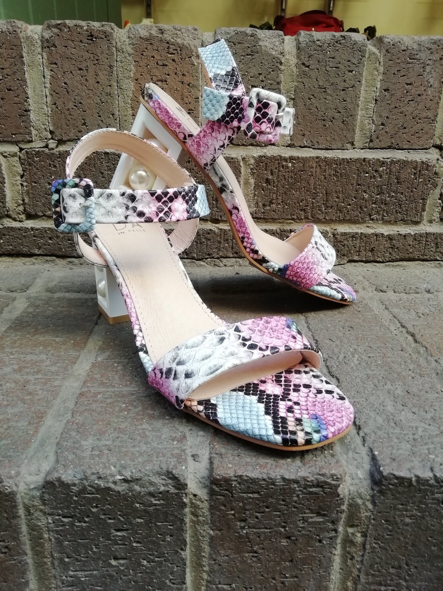 Moda in Pelle Sandypearl Pink Multi Snakeprint sandal Only size 8 left.