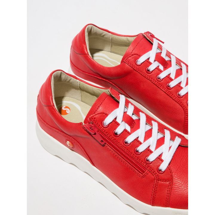 Softinos Whiz719 Cherry Red Leather lace up Trainer with Side zip and wedge.