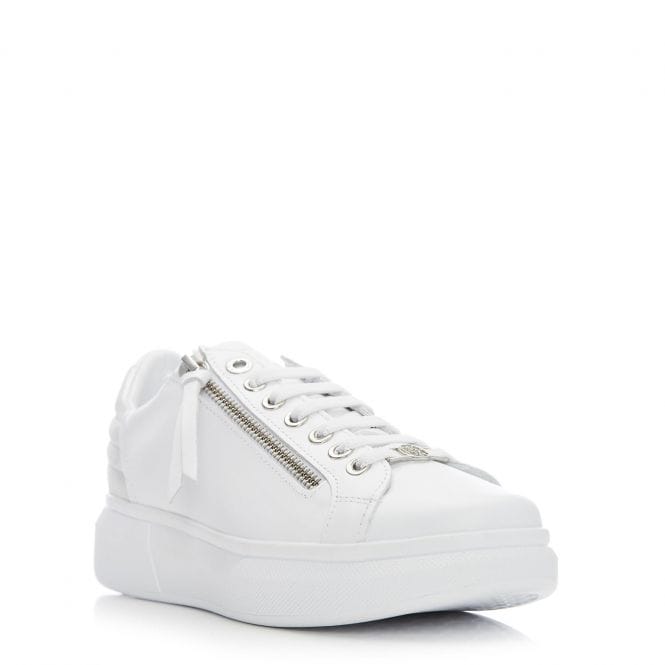 Moda In Pelle Alenti White with Quilted Sparkly Detail Leather Trainer with Zip and Laces.