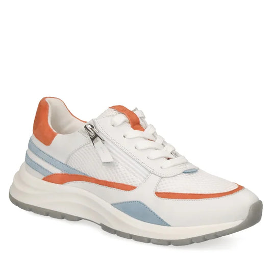 Caprice White with Orange and Blue Leather and Suede sporty Lace up side zip wedge trainer.