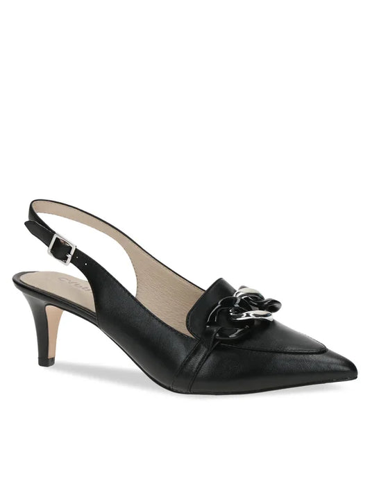 Caprice Black Nappa Leather Sling Back with a Mid Heel and chain front.