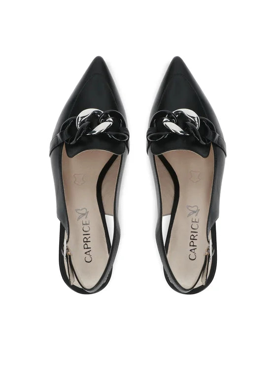 Caprice Black Nappa Leather Sling Back with a Mid Heel and chain front.
