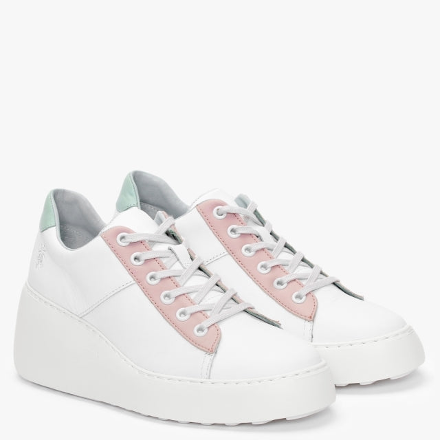 Fly London Delf580 White with Nude and Mint wedge trainer. Only 5 and 8 left
