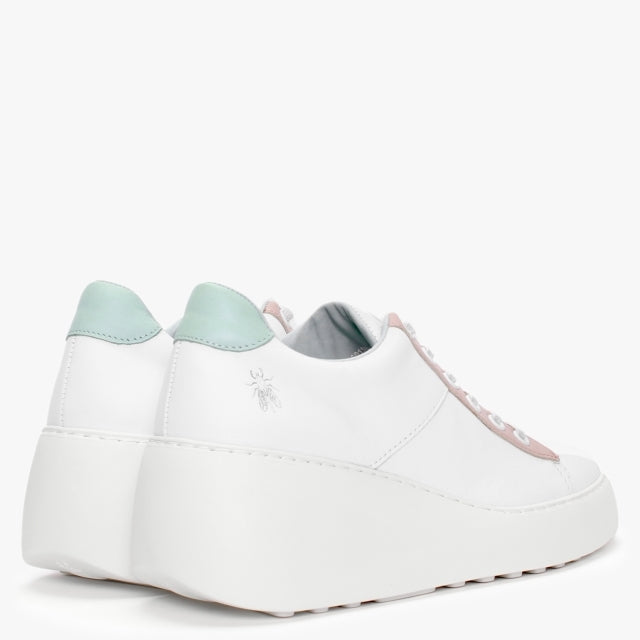 Fly London Delf580 White with Nude and Mint wedge trainer. Only 5 and 8 left
