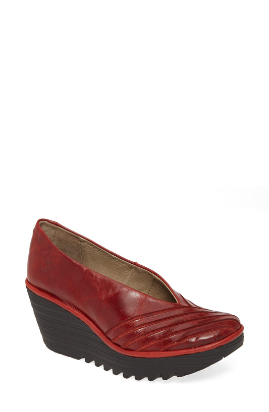 Fly London Yaku Columbia Red wedge shoe. Only sizes 6 and 8 left.