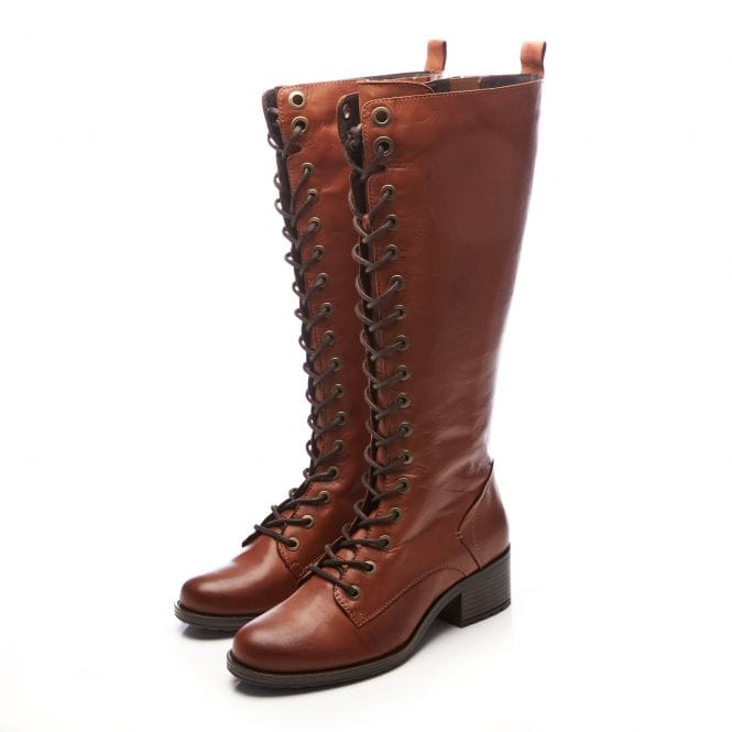 Moda In Pelle Hailey Tan Leather Lace Up Long Boot With Side zip. Only sizes, 7 and 8 left.