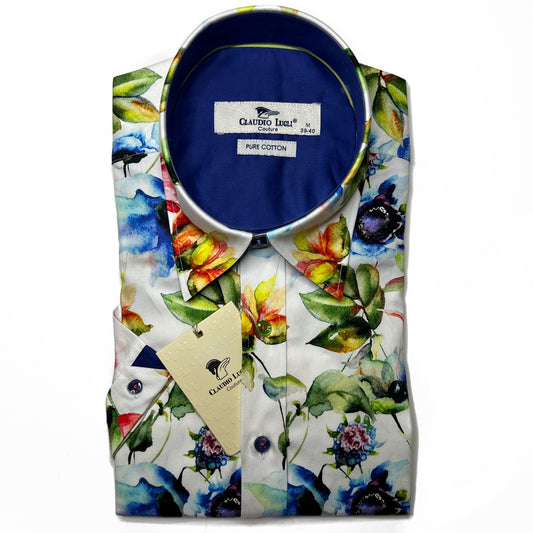Claudio Lugli Men's Short Sleeve White Floral Shirt