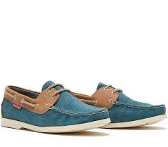 Chatham Bantham Blue and Tan Leather and Canvas Deck Shoe.