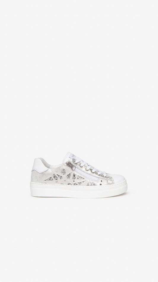 NeroGiardini Skipper Bianco White and Silver Textured Leather Wedge Trainer with side zip Only size 8.