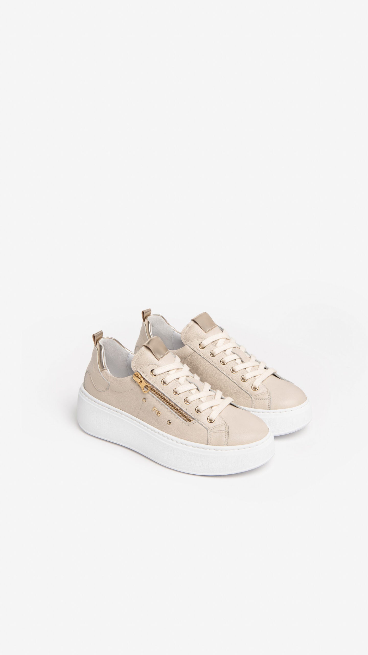NeroGiardini Dollarino Beige and Gold Leather Wedge Trainer with side zip.